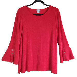 Chico's Womens Top Blouse Size 1 Medium Solid Red Long Bell Sleeve Christmas